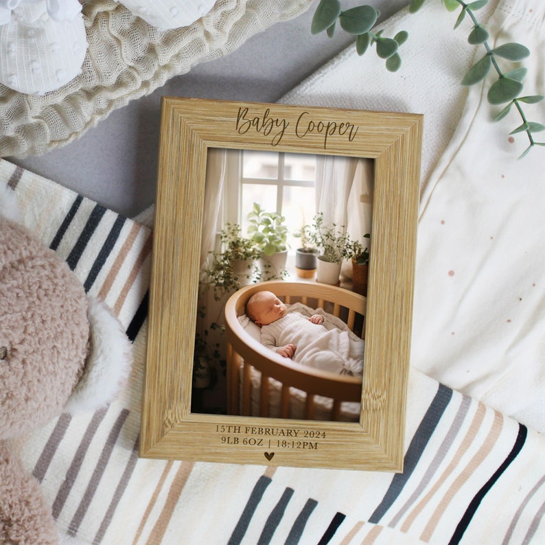 Personalised Baby Photo Frame, Newborn New Baby Picture Frame, Custom Engraved Birth Info, Baby Arrival Keepsake Gift, Wooden 4x6 Photograph