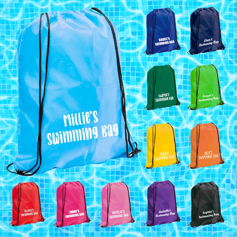 May include: A collection of colorful drawstring bags with personalized names and the text "swimming bag". The bags are displayed against a blue tiled background that resembles a swimming pool.