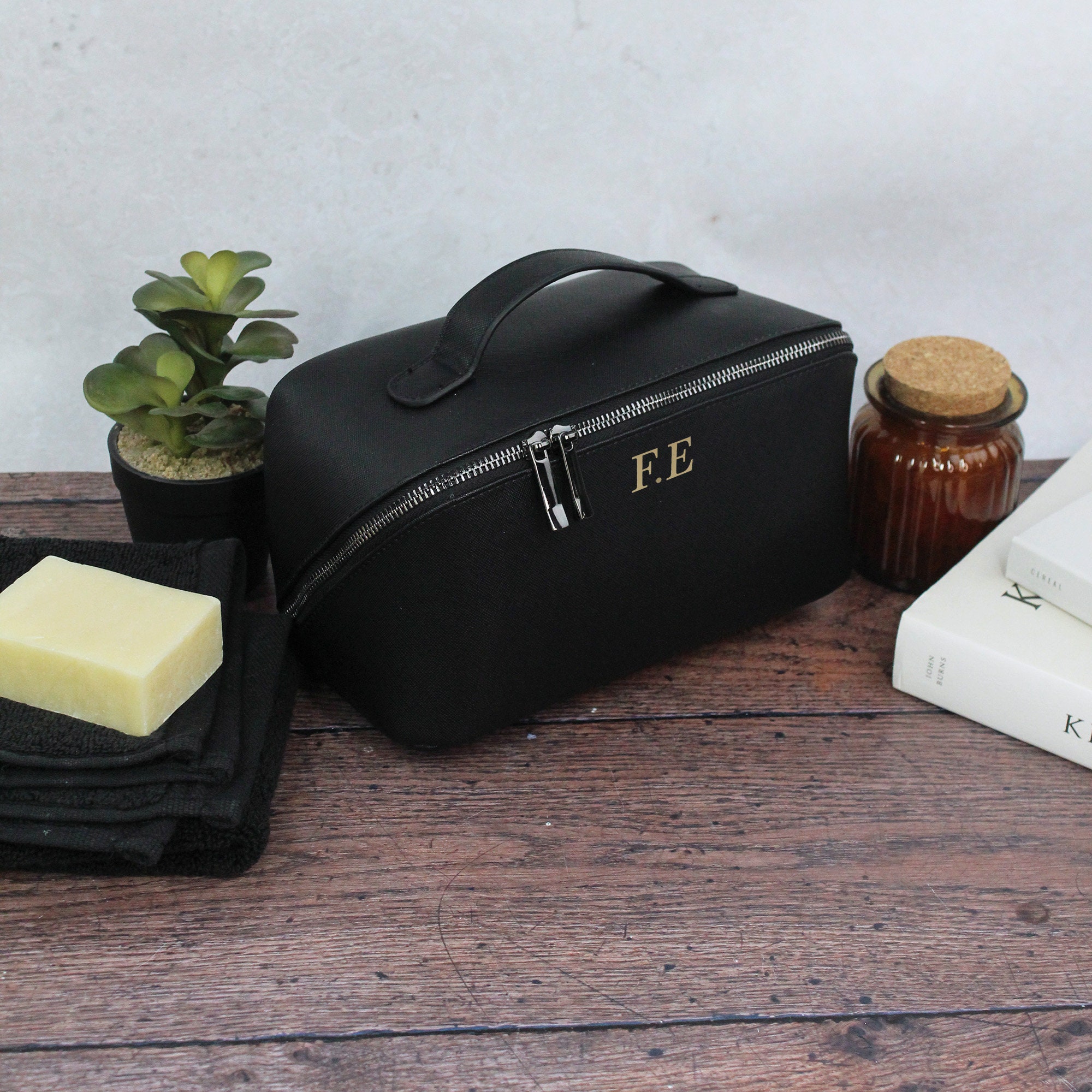 Personalised Men’s Weekend Bag & Wash Bag Set, Monogrammed Black PU ...