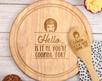 Engraved "Hello, Is It Me You're Cooking For?" Chopping Board & Spoon Set, Funny Lionel Richie Letterbox Valentines Gifts for Him, Wife