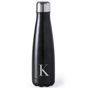 Puede incluir: Botella de agua de acero inoxidable negra con tapa plateada y la letra "K" grabada en la parte delantera.