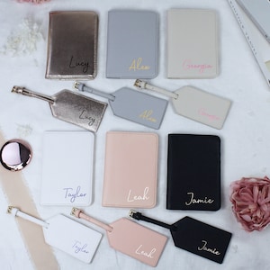 Estuche para pasaporte personalizado y etiqueta para equipaje, regalo de viaje, juego de maletas de cuero sintético, fundas para pasaporte, regalo de Navidad