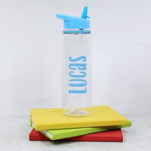 May include: A clear plastic water bottle with a blue lid and straw. The bottle has the name "Lucas" printed on it in blue lettering.