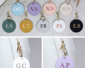 Personalised Round Initial Keyring, Bag Tag PU Leather Keychain, Monogram Key Ring, Luggage Tags, Party Bag Filler, Bridesmaid Gifts