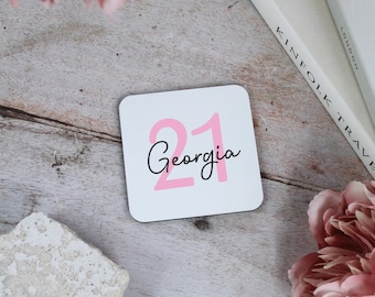 21st Birthday Mug & Coaster Set, Personalised Twenty-First Coffee Cup with Name, Milestone Birthday, Gift for a 21 Year Old Female Gift