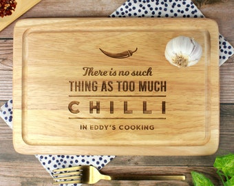 Personalised Chilli Lover Wooden Chopping Board, Funny Birthday Gift, No Such Thing As Too Much Chilli, Spicy Cooking Gifts for Him Her,