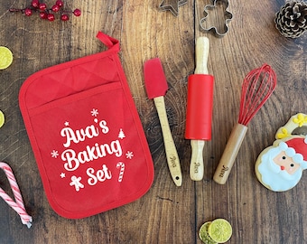 Children's Personalised Baking Set with Name, Kids Baking Tools Utensils Kit, Mini Rolling Pin, Whisk & Spatula Set, Child's Christmas Gift