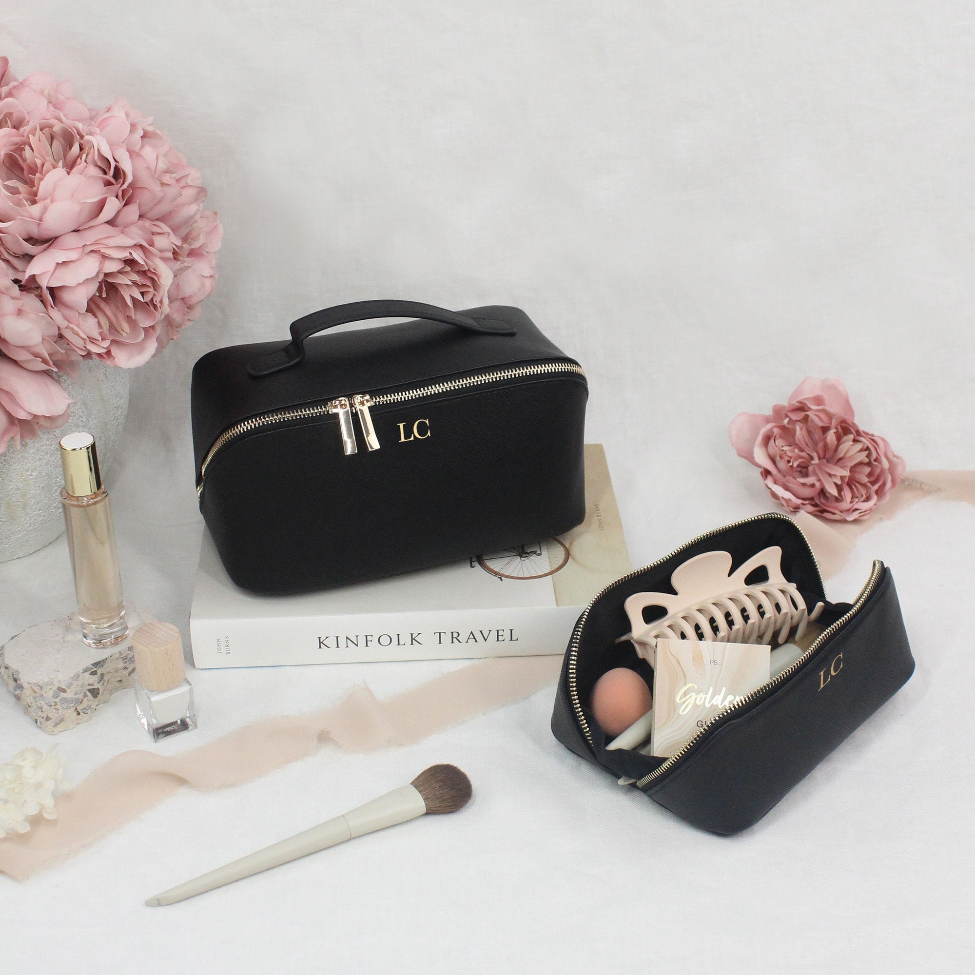 Luxury Personalised Make Up Bag, PU Leather Flat Lay Bag, Small/Large Accessory Case with Initials, Bridesmaid Gift, Cosmetic Travel Case