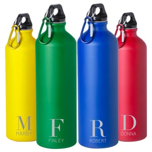 Personalised Metal Water Bottle, Matt Large 800ml Capacity with Carabineer Clip, Fathers Day Gift, Custom Name & Initial, Gifts for Him Her