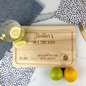 G & T Serving Board, Gin and Tonic Plate, Lemon Cutting Board, Gin Lovers Wooden Gift, Personalised Any Name, Gin and Tonic, Gin Lover Gift No thank you.