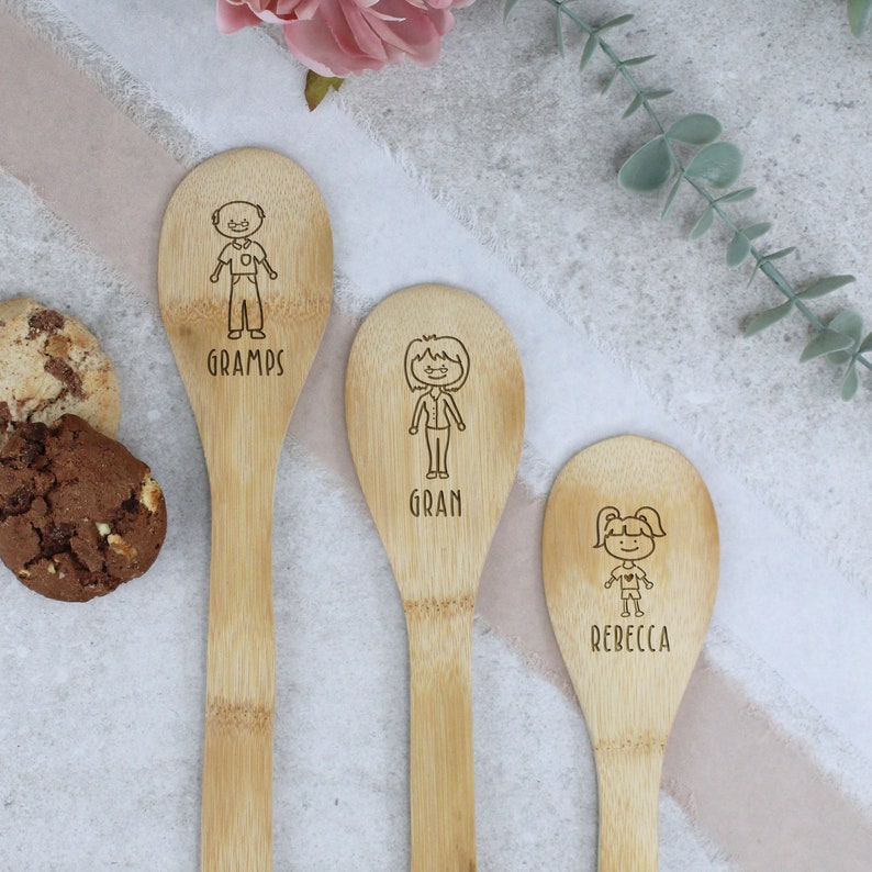 Family Engraved Wooden Spoon / Baking with The Family Bamboo Wooden Spoon, Personalised Baker Spoon for Everyone. Girls, Boys, Men & Women Pack of 3