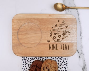 Engraved Tea & Biscuits Board, "NINE-TEA" Design, Wood Coffee Treat Board, Grandma 90th Birthday Gifts for Women, Her, Ninetieth Mum