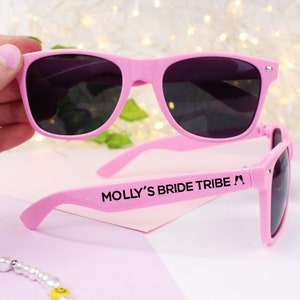 Pink Bride Tribe Sunglasses, Personalised With The Bride to be Name, Hen Party Favours for Hen Do Abroad, Summer Beach Themed Wedding UV400