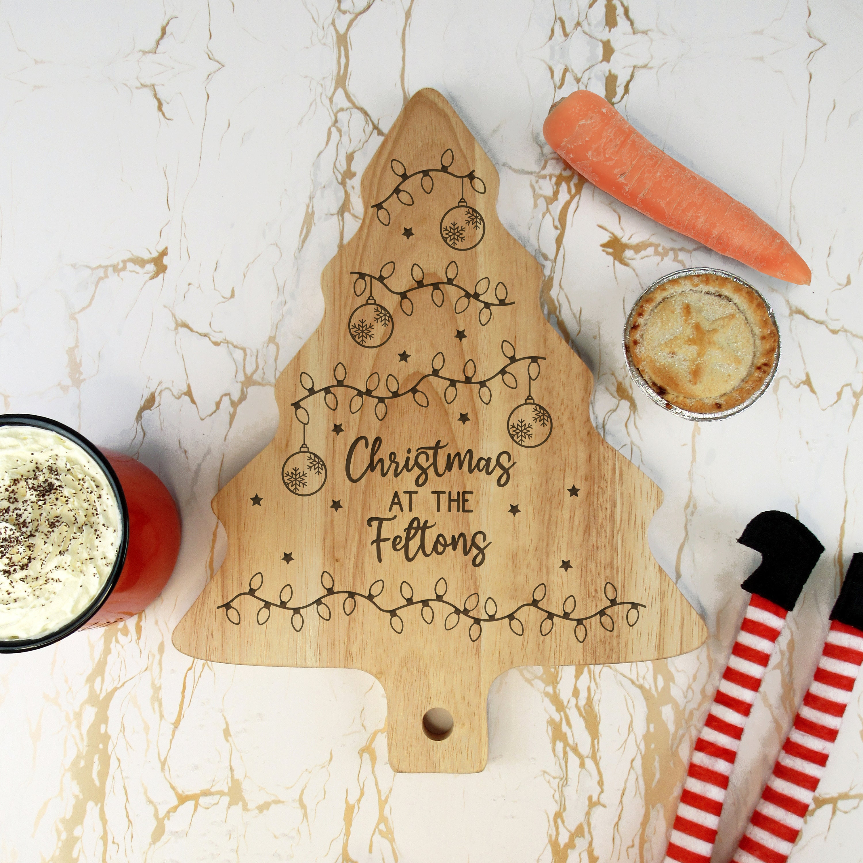 Christmas Tree Shaped Cheese Board, Personalised Wooden Cheese Plate, Christmas At The..Family Name, Wood Chopping Board, Xmas Cheeseboard