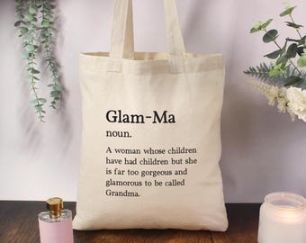 Glam-Ma Tote Bag - Natural Cotton Shopping Bag with Glam-Ma Dictionary Definition - Birthday Gift for Glamorous Grandma, Grandmother, Nana
