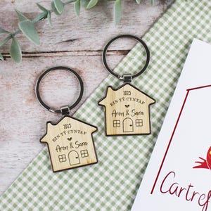 May include: Two wooden house-shaped keychains with the text "2015 EINTY CYNTAP Aron & Sara" and "2015 BIN TY CYNTAP Aron & Sara" engraved on them. The keychains are on a green and white checkered fabric.
