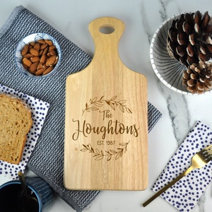 Family Name Personalised Wooden Paddle Bread Board, Housewarming Gift, Chopping Cheeseboard, Custom Surname, New Home Family Name Home Gift