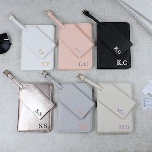 Personalised Passport Holder & Luggage Tag Travel Set with Initials, PU Leather Luggage, Passport Covers, Honeymoon, Holiday Gift for Couple