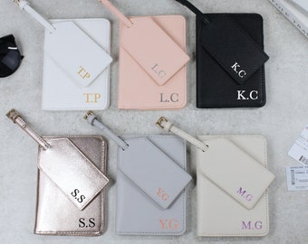 Personalised Passport Holder & Luggage Tag Travel Set with Initials, PU Leather Luggage, Passport Covers, Honeymoon, Holiday Gift for Couple