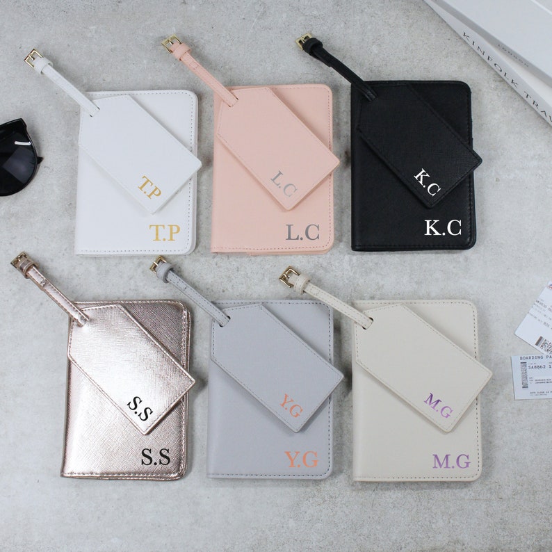 Personalised Passport Holder & Luggage Tag Travel Set with Initials, PU Leather Luggage, Passport Covers, Honeymoon, Holiday Gift for Couple image 1