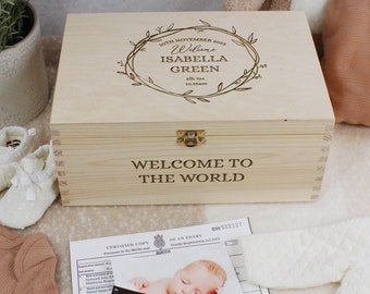 Wooden New Baby Box Personalised with Baby Name, DOB, Birth Weight & Time, Large Memorabilia Keepsake Storage Box, Welcome Newborn Baby Gift