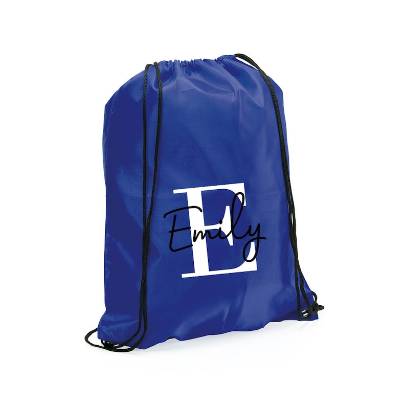 Mochila con cordón personalizada con inicial y nombre para el regreso a la escuela. Nombre de los niños en una bolsa de PE Bolsa de natación Bolsa de gimnasio Bolsa de club después de la escuela Dark Blue