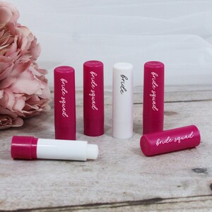Pink Bride Squad Lip Balms, White Bride Lip Balm, Pink Hen Party Theme, Vanilla Scented, Goody Bag Favours for Hen Do, Hen Party Bag Filler
