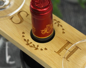 Personalised Wine Glass and Bottle Butler, Initials & Monogram Design, Engraved Wooden Wine Holder, Mr and  Mrs Couples Christmas Gift