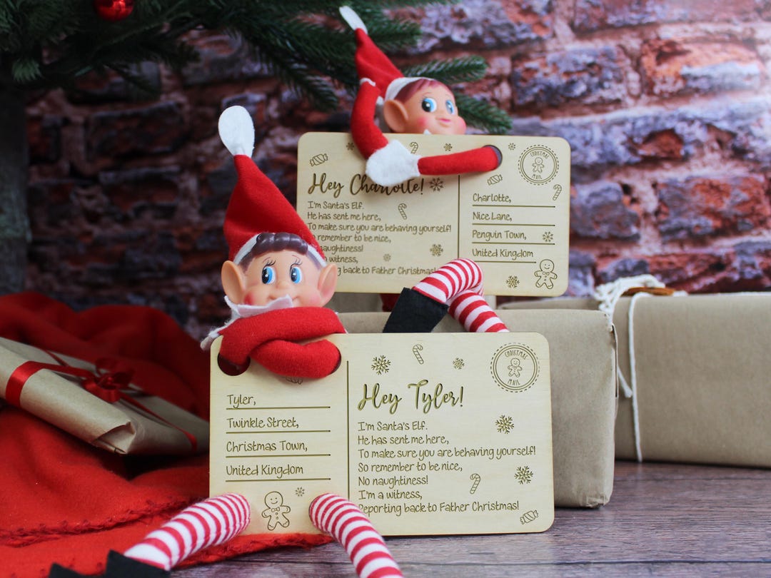 Cartolina di arrivo elfo personalizzata, elfo di Natale in legno nella  posta, lettera di ritorno dell'elfo, elfo cattivo e gentile di dicembre,  posta