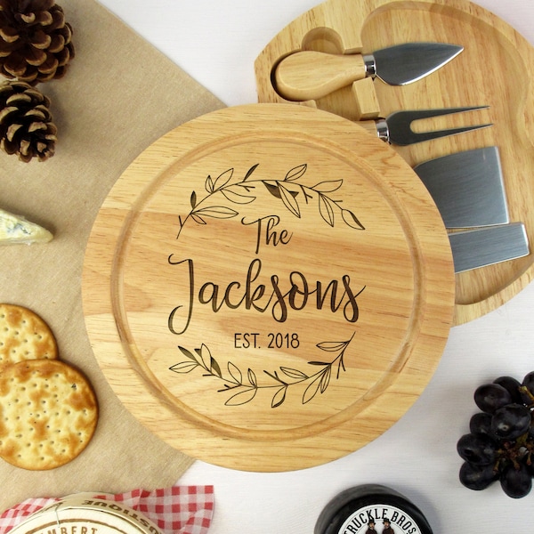 Couples Personalised Round Wooden Cheese Board Set with 4 Cheese Utensils, Custom Family Surname Flower Design, 5th Wedding Anniversary Gift