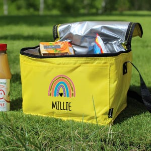 Personalised Lunch Bag for Kids, Rainbow Lunch Bag with Name, Children&#39;s Lunch Box, Back To School, Yellow Insulated Food Bag for Nursery