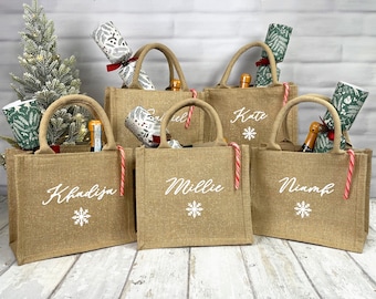 Personalised Christmas Gift Bag | Gold Shimmer Jute Tote Bag | Xmas Party Gift Bag with Name | Reusable Holiday Gift Bags | Christmas Sack
