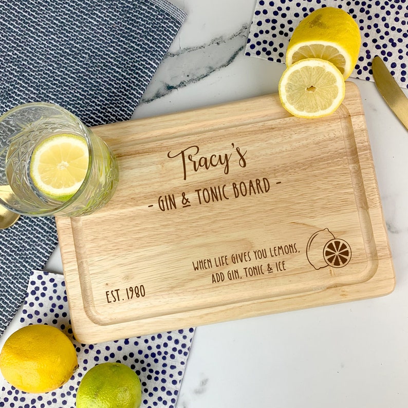 G & T Serving Board, Gin and Tonic Plate, Lemon Cutting Board, Gin Lovers Wooden Gift, Personalised Any Name, Gin and Tonic, Gin Lover Gift image 1