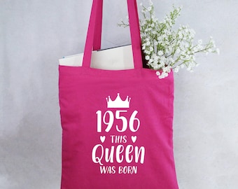 Personalised 1956 This Queen was Born Pink Cotton Tote Bag, 70th Birthday Gifts for Her, Mum, Grandma, Sister, Seventieth Keepsake Gift
