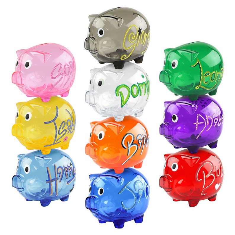 Children's Personalised Clear Piggy Bank Colourful Money ...