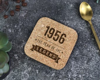 70th Birthday Gifts for Him, Cork Square Drinks Coaster 1956 The Year of The Legend Design, 70th Gift for Grandad, Dad, Gift for 70 Year Old