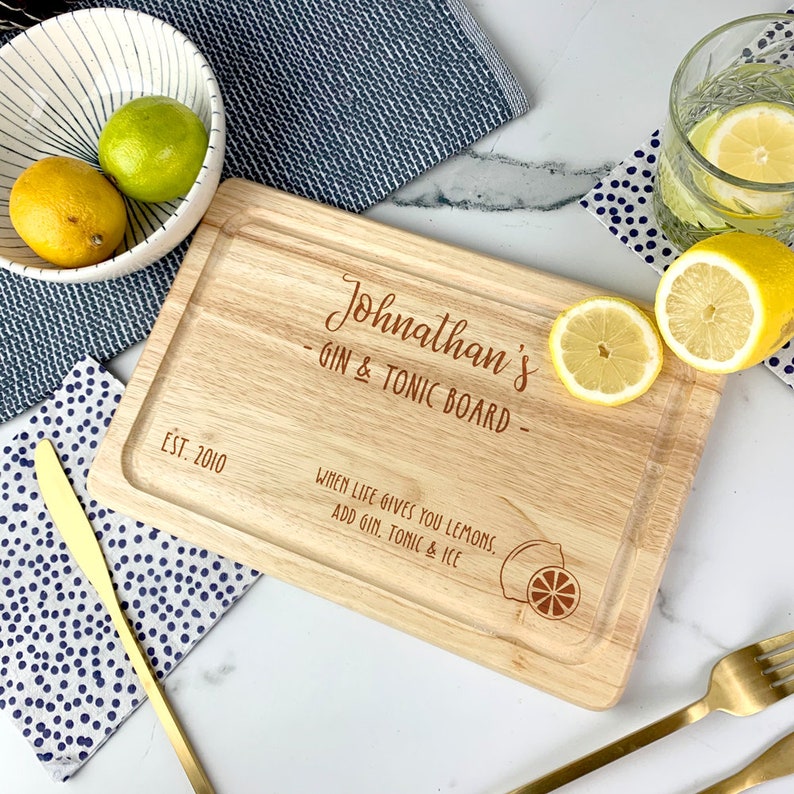 G & T Serving Board, Gin and Tonic Plate, Lemon Cutting Board, Gin Lovers Wooden Gift, Personalised Any Name, Gin and Tonic, Gin Lover Gift image 2