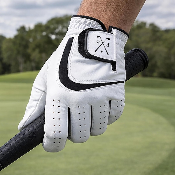 Men's Leather Golf Glove Personalised with Initials, Monogrammed Golf Accessories, Left Handed Golf Glove, 5 Sizes S-XL, Golf Gift for Him