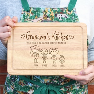 Personalised Grandma&#39;s Kitchen Wood Cutting Board, Where There Is An Unlimited Supply Of Treats, Family Portrait, Christmas Gift for Nana