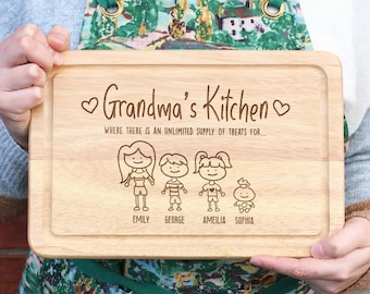 Personalised Grandma's Kitchen Wood Cutting Board, Where There Is An Unlimited Supply Of Treats, Family Portrait, Mother's Day Gift for Nana
