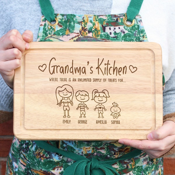 Personalised Grandma's Kitchen Wood Cutting Board, Where There Is An Unlimited Supply Of Treats, Family Portrait, Mother's Day Gift for Nana