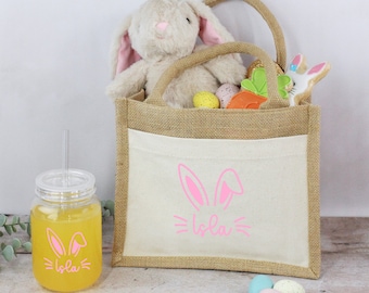 Personalised Easter Bag with Matching Tumbler and Straw, Easter Egg Hunt Basket, Easter Bunny Jute Bag & Cup Set, Easter Party Bag for Kids