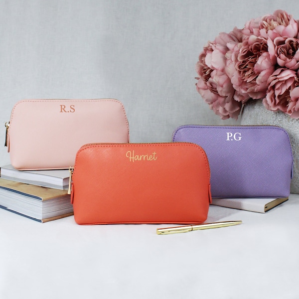 Medium Personalised Pencil Case Back to School Pencil Case for Girls with Initial or Name PU Leather Look Beauty Toiletry Make Up Bag