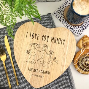 Engraved Child&#39;s Drawing Personalised Heart Shaped Chopping Board with Kids Artwork, Masterpiece, Mother&#39;s Day Gift, Gifts for Mum, Mummy