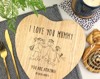 Engraved Child's Drawing Personalised Heart Shaped Chopping Board with Kids Artwork, Masterpiece, Mother's Day Gift, Gifts for Mum, Mummy