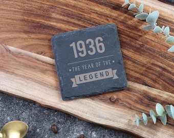 Laser Engraved Slate Coaster 1936 Year of The Legend Design, 90th Birthday Gifts for Men, Him, Ninetieth Dad, Grandad, Square Drink Mat