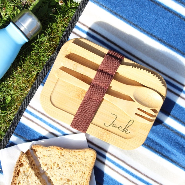 Bamboo Eco Friendly Glass Lunch Box, Personalised Laser Engraved With Your Name Back To School / College, Picnic, Bamboo Cutlery, 700ml