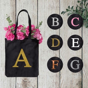 Schwarze Einkaufstasche mit großer Initiale, Baumwoll-Schulter-Shopper mit personalisiertem Alphabet-Buchstabe Ihres Namens für sie, Hen Bride Party Favor