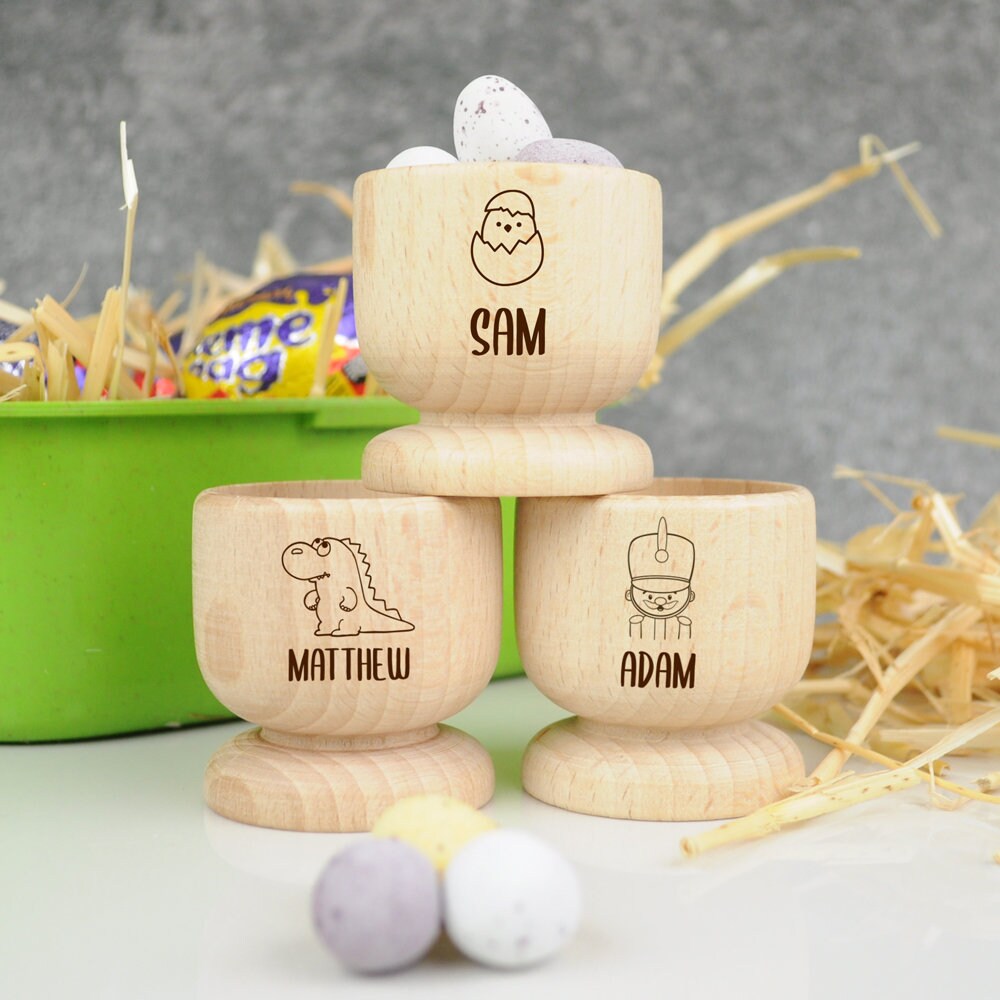 Personalised Egg Cup, Engraved Wooden Egg Cup, Easter Gift for Kids, Dippy Egg Holder, Unicorn, Dinosaur, Solider, Bunny Rabbit, Chick