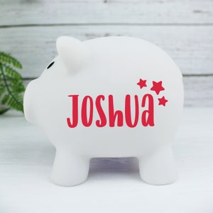 Children's Personalised Piggy Bank, Colourful Kids Money Box, Custom Vinyl, Stars, Hearts, Flowers, Any Name Customised, Nursery Decor White